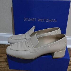 Stuart Weitzman Cream Leather Low Block Heel Loafers